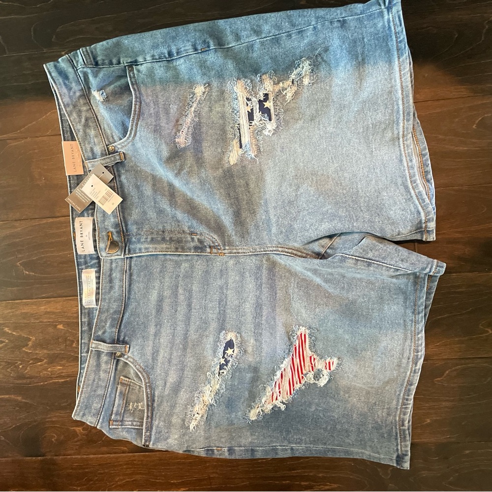 NWT Distressed Denim Shorts with Red and Blue Accents